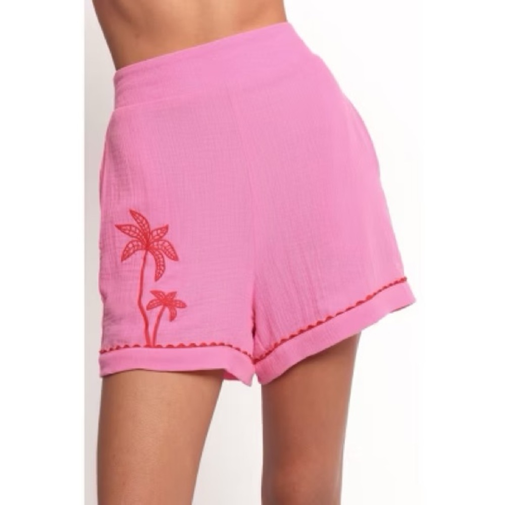 Petal and Pup Pink Cotton Gauze Shorts Medium Embroidered Summer Beach Palm Tree